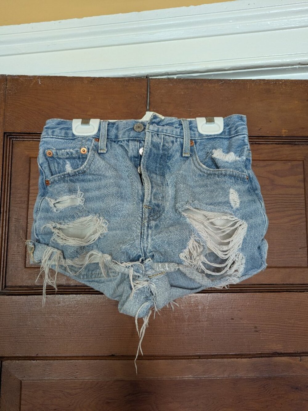 Levi's Distressed 501 Original Fit High Rise Jean Shorts in Medium Wash